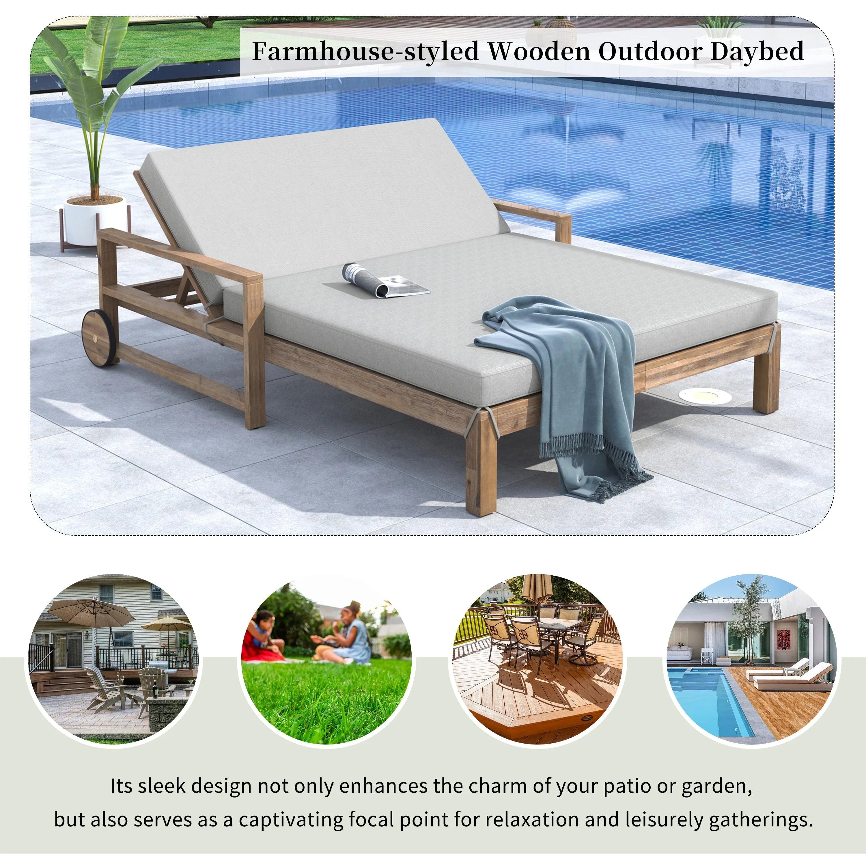 Tumbona de madera estilo granja de una sola pieza para una relajación total, ideal para la piscina, el jardín y el patio.