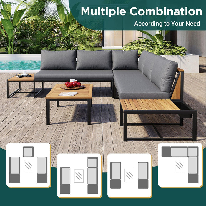 Juego de muebles de patio con sofás de dos plazas, 4 piezas de sofás de exterior con cojines impermeables, diseño duradero de hierro y madera para jardín, patio y piscina.