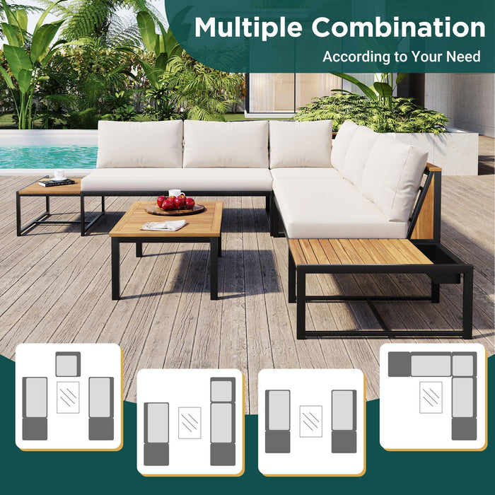 Juego de muebles de patio con sofás de dos plazas, 4 piezas de sofás de exterior con cojines impermeables, diseño duradero de hierro y madera para jardín, patio y piscina.