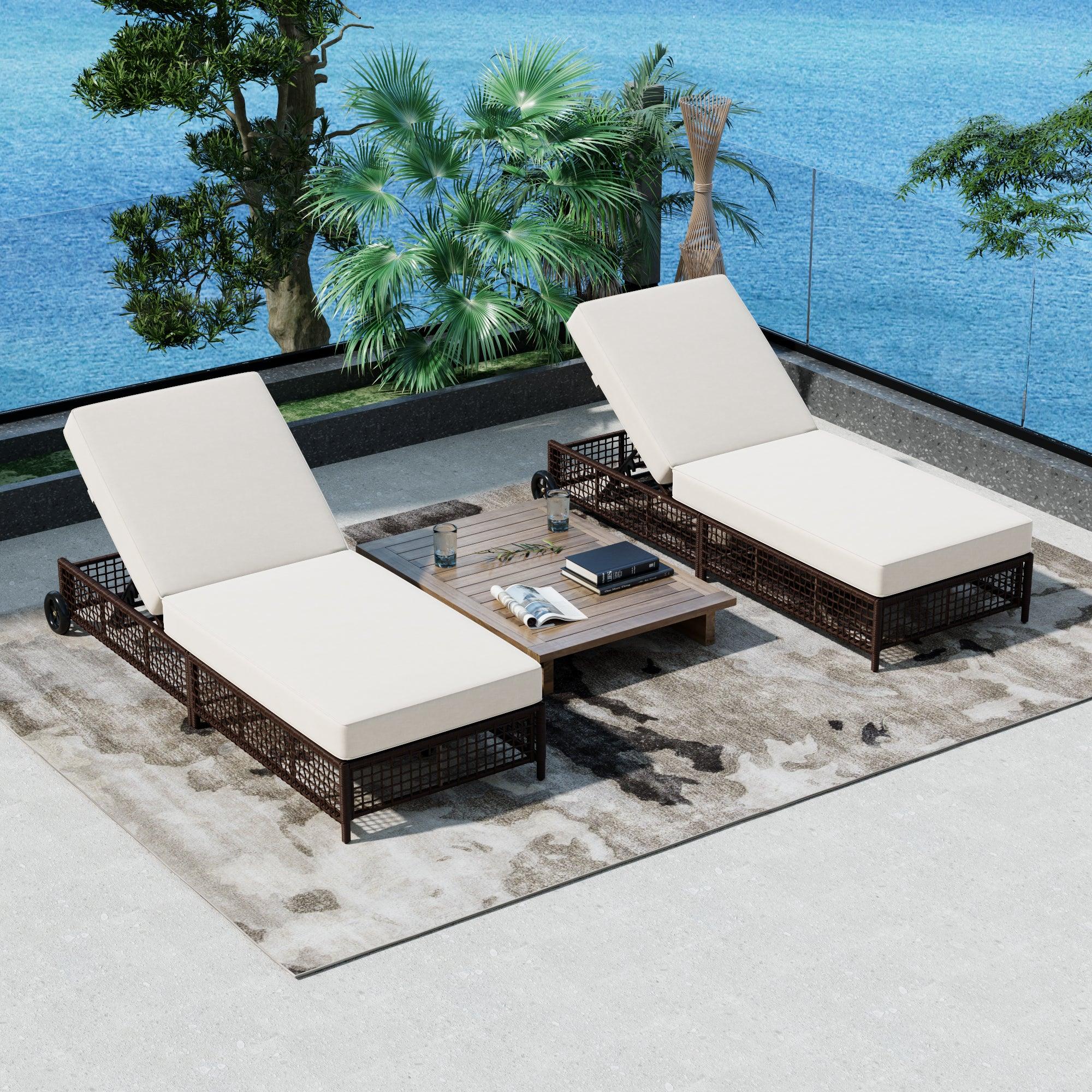 Sillón de exterior, tumbona de patio con respaldo de 5 posiciones, sillón de ratán con cojín y ruedas para piscina, patio y jardín.