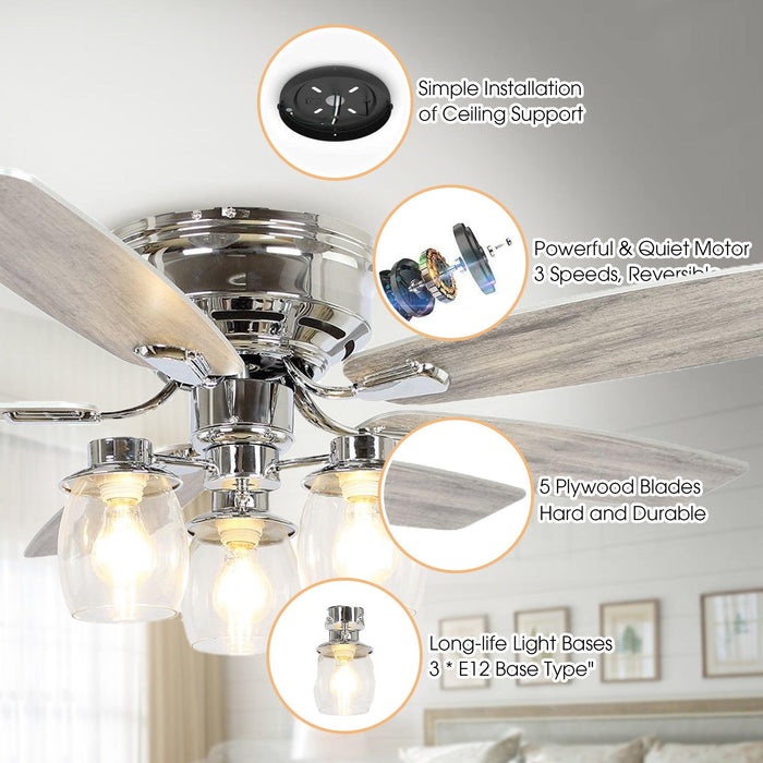 52 Indoor LED Ceiling Fan 3 Colors Changing Light Kit 6 Speeds w/Remote  Control