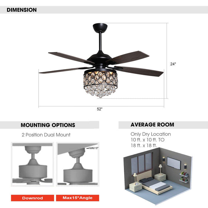 52" Berkshire Modern Downrod Mount Reversible Crystal Ceiling Fan with Lighting and Remote Control - ParrotUncle