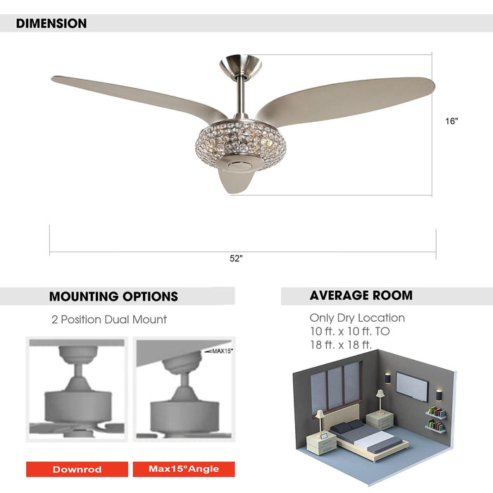 52" Brevoort Modern Brushed Nickel Downrod Mount Crystal Reversible Ceiling Fan with Lighting and Remote Control - ParrotUncle