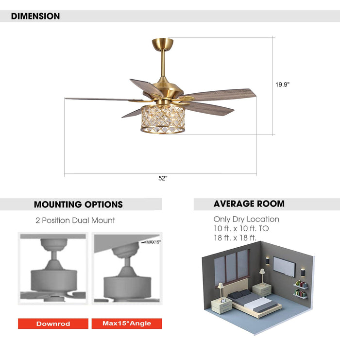 52" Cochin Industrial Downrod Mount Reversible Crystal Ceiling Fan with Lighting and Remote Control - ParrotUncle