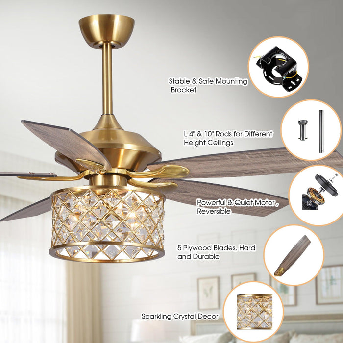 52" Cochin Industrial Downrod Mount Reversible Crystal Ceiling Fan with Lighting and Remote Control - ParrotUncle