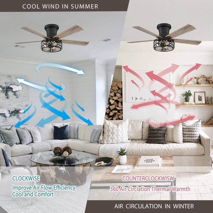 52" Divisadero Farmhouse Flush Mount Reversible Ceiling Fan with Lighting and Remote Control - ParrotUncle