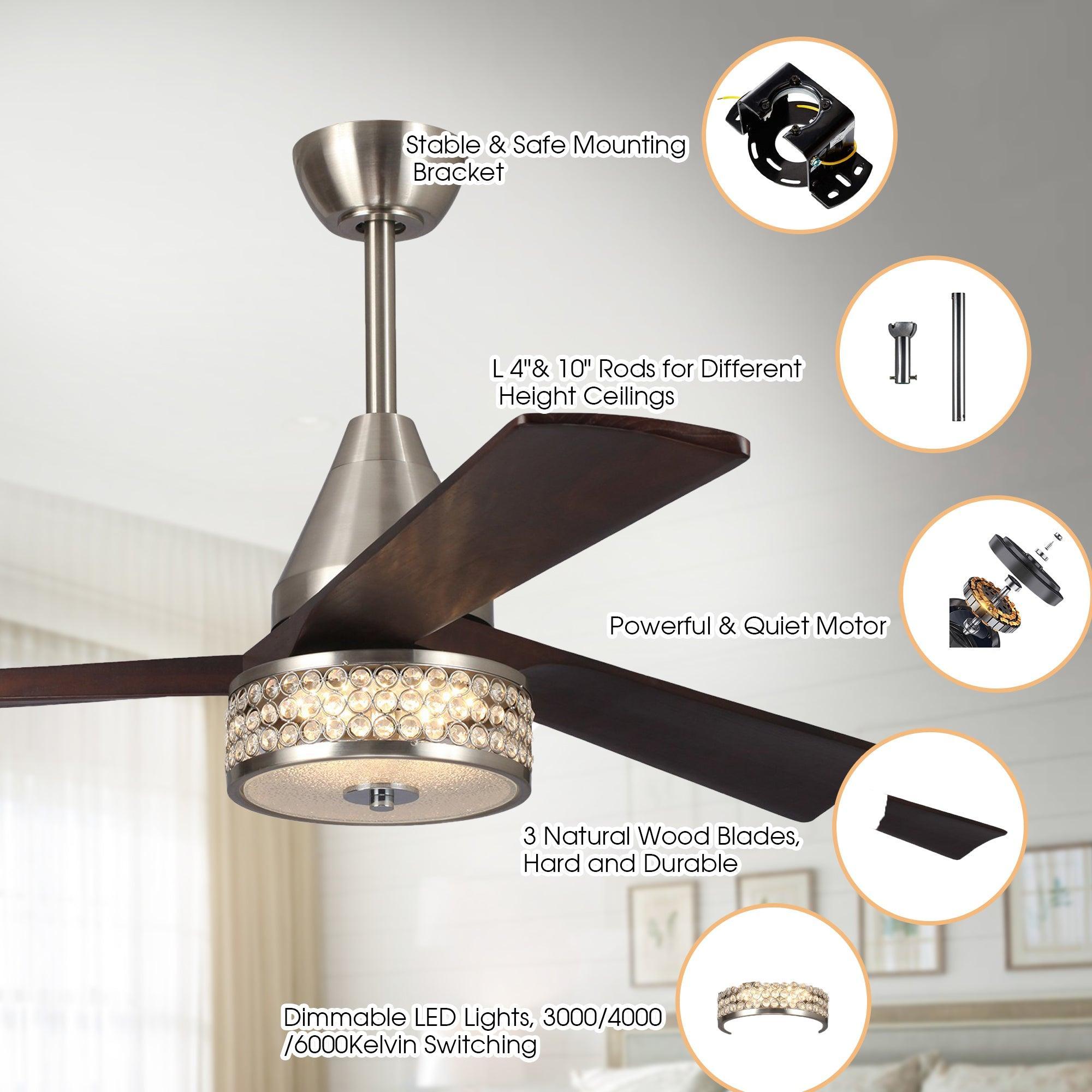 52" Farmhouse Satin Nickel Downrod Mount Reversible Crystal Ceiling Fan with Lighting and Remote Control - ParrotUncle