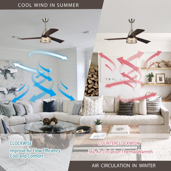 52" Farmhouse Satin Nickel Downrod Mount Reversible Crystal Ceiling Fan with Lighting and Remote Control - ParrotUncle