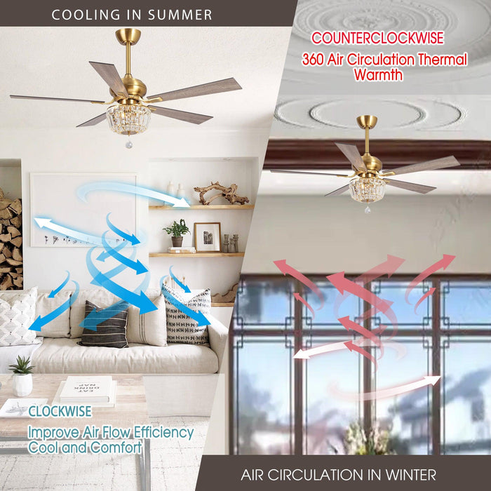 52" Ganga Modern Downrod Mount Reversible Crystal Ceiling Fan with Lighting and Remote Control - ParrotUncle