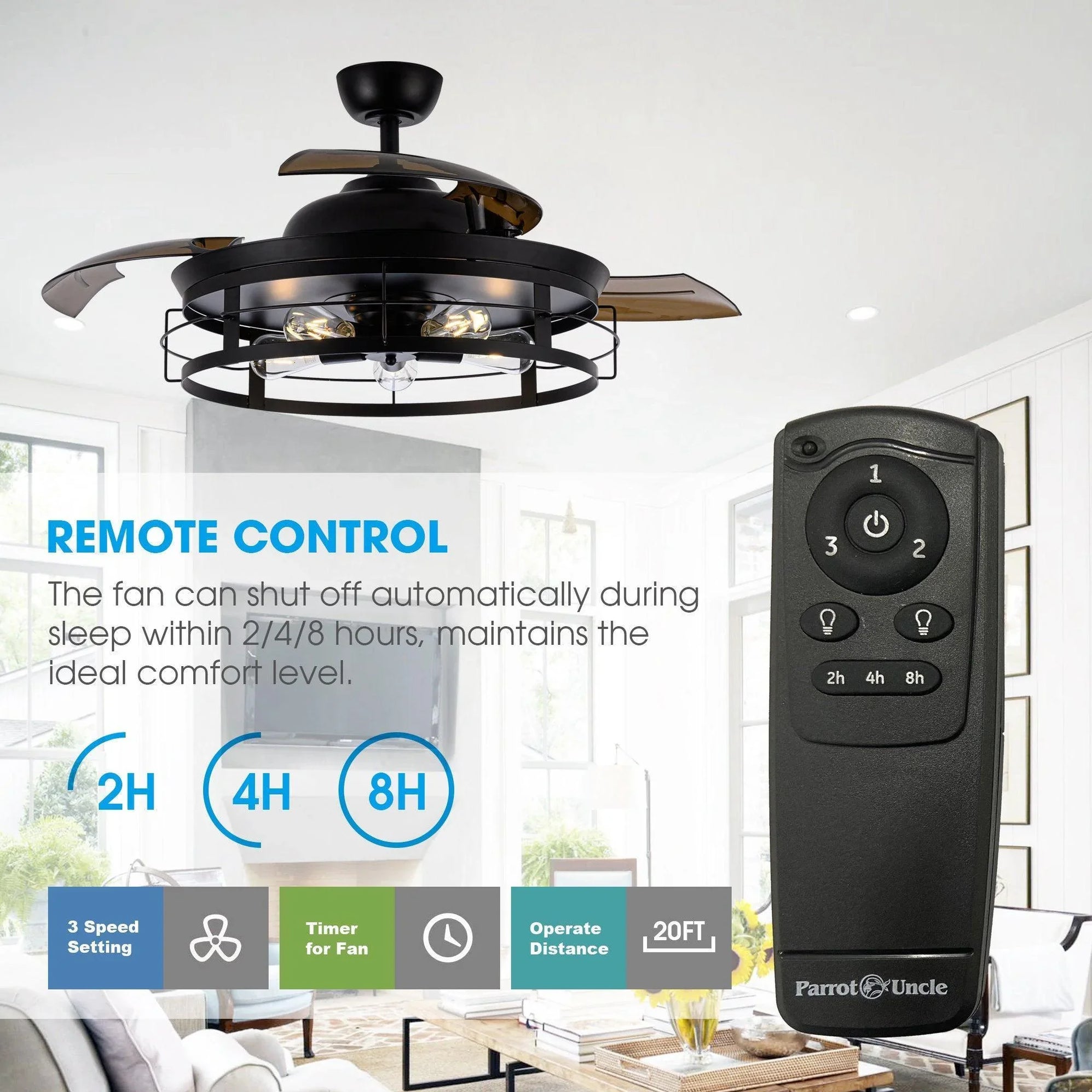 Parrot Uncle 27-in Matte Black Integrated LED Indoor Fandelier Ceiling Fan With Light And Remote (3-Blade) F8277110V At