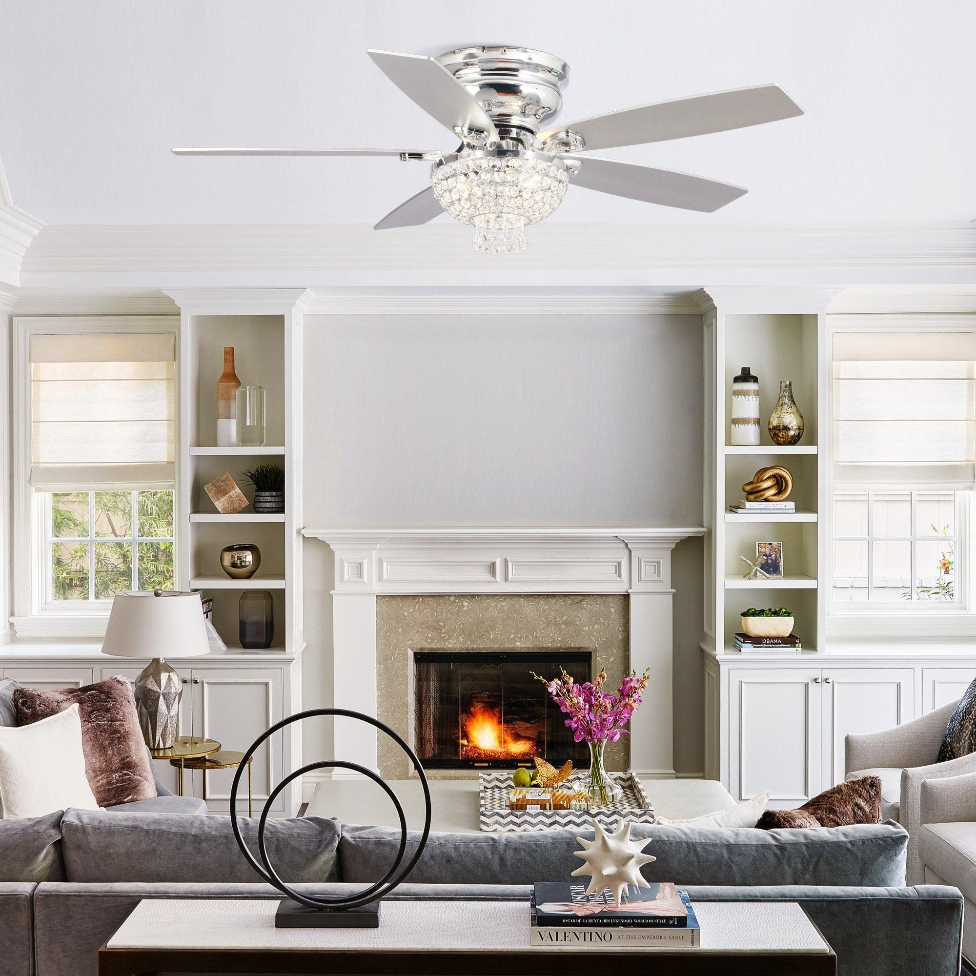 52" Kanpur Modern Chrome Flush Mount Reversible Crystal Ceiling Fan with Lighting and Remote Control - ParrotUncle