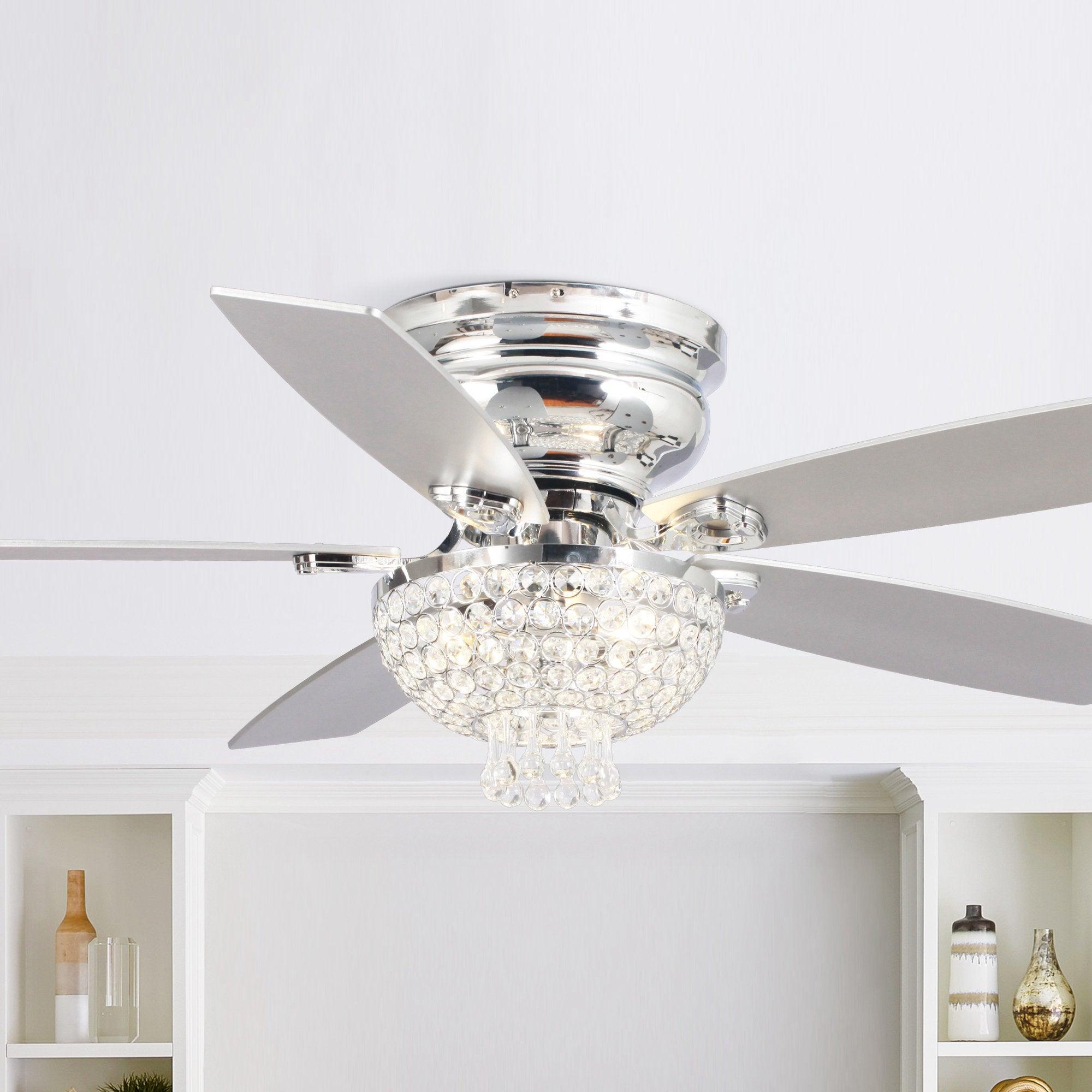 52" Kanpur Modern Chrome Flush Mount Reversible Crystal Ceiling Fan with Lighting and Remote Control - ParrotUncle