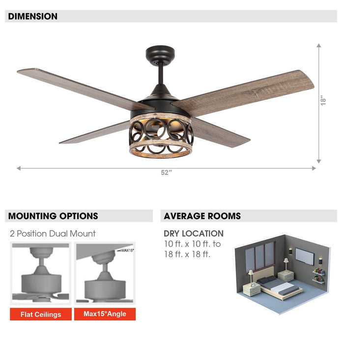 52" Kashmir Farmhouse Downrod Mount Reversible Ceiling Fan with Lighting and Remote Control - ParrotUncle