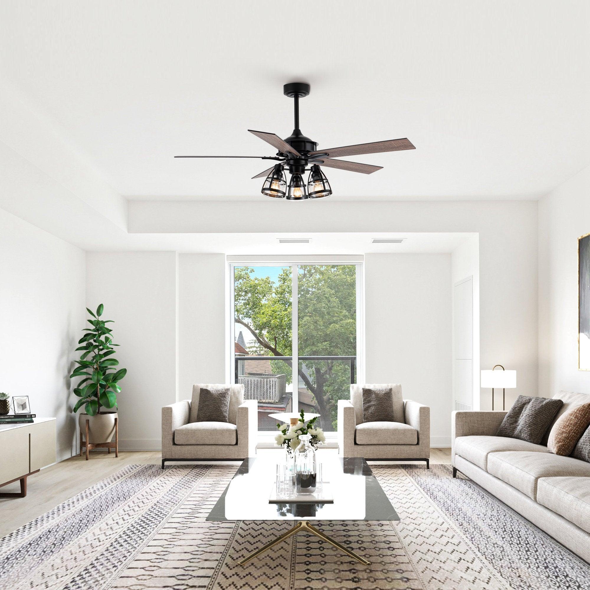 52" Kashmir Industrial Downrod Mount Reversible Ceiling Fan with Lighting and Remote Control - ParrotUncle