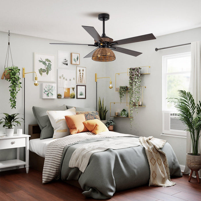 Ventilador de techo reversible de 52" con montaje en varilla, estilo granja Kerala, con iluminación y control remoto - ParrotUncle