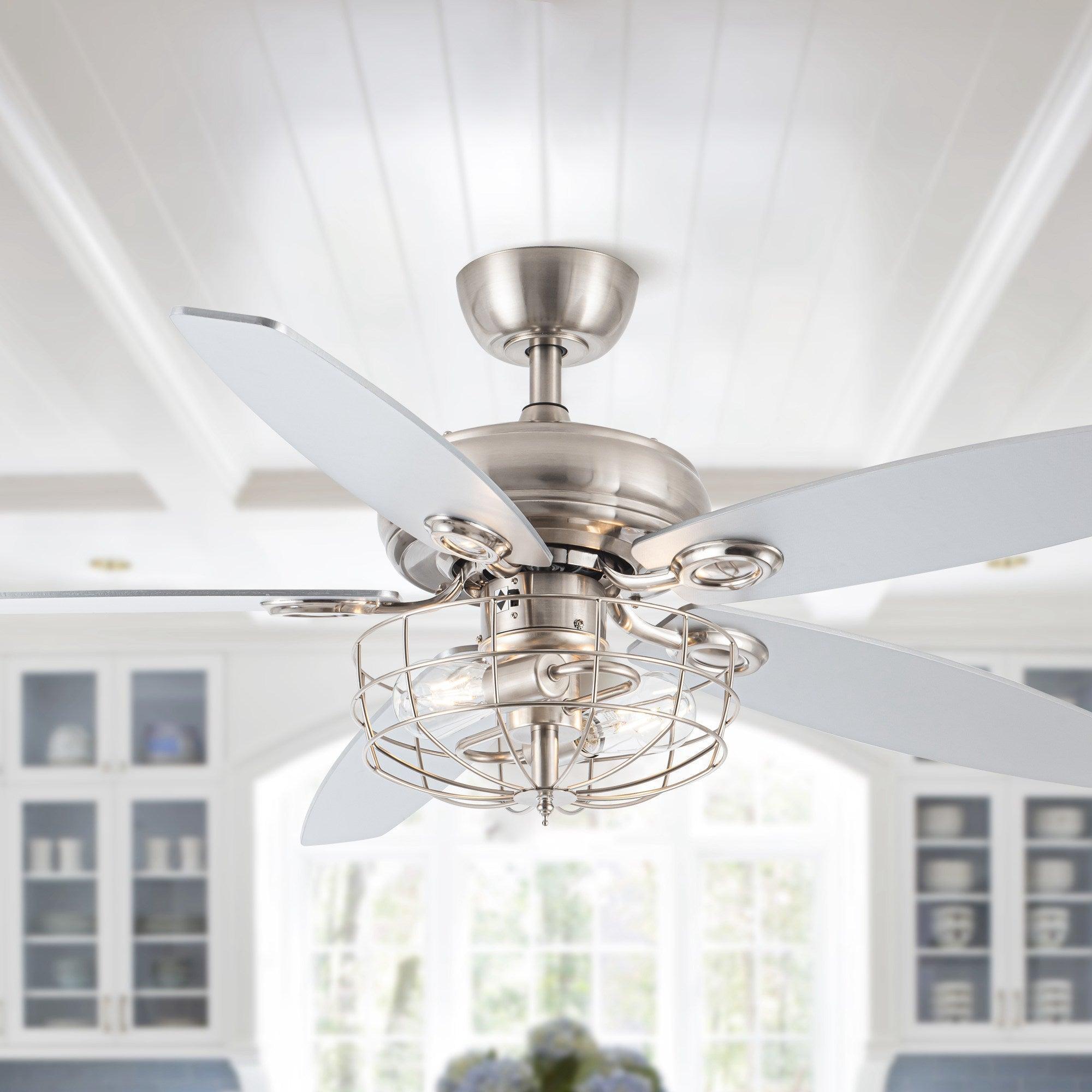52" Kyla Industrial Brushed Nickel Reversible Caged Ceiling Fan with Lighting - ParrotUncle