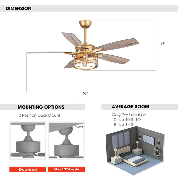 52" Madhya Pradesh Industrial Downrod Mount Reversible Crystal Ceiling Fan with Lighting and Remote Control - ParrotUncle