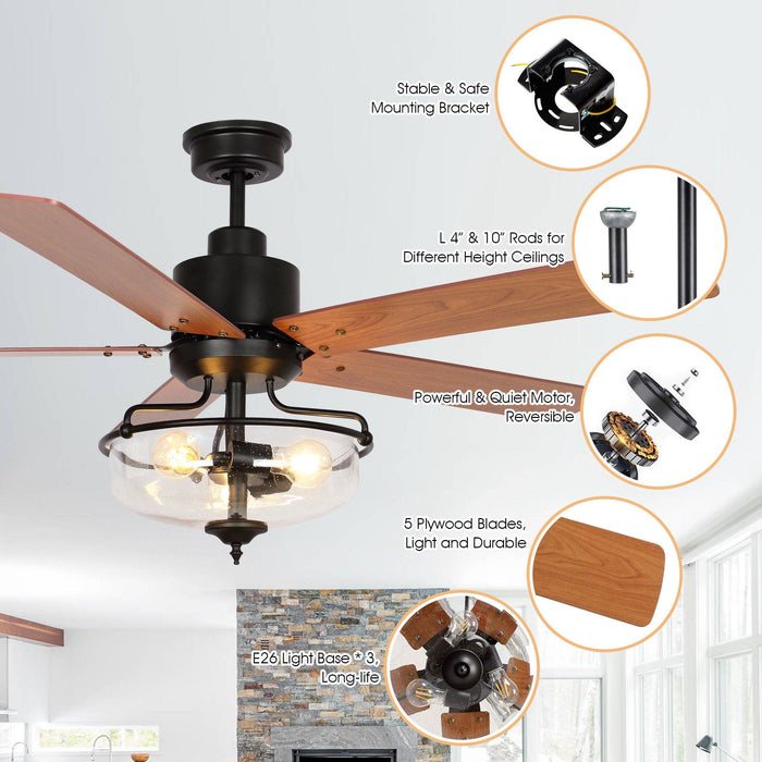 52" Mumbai Industrial Downrod Mount Reversible Ceiling Fan with Lighting and Remote Control - ParrotUncle