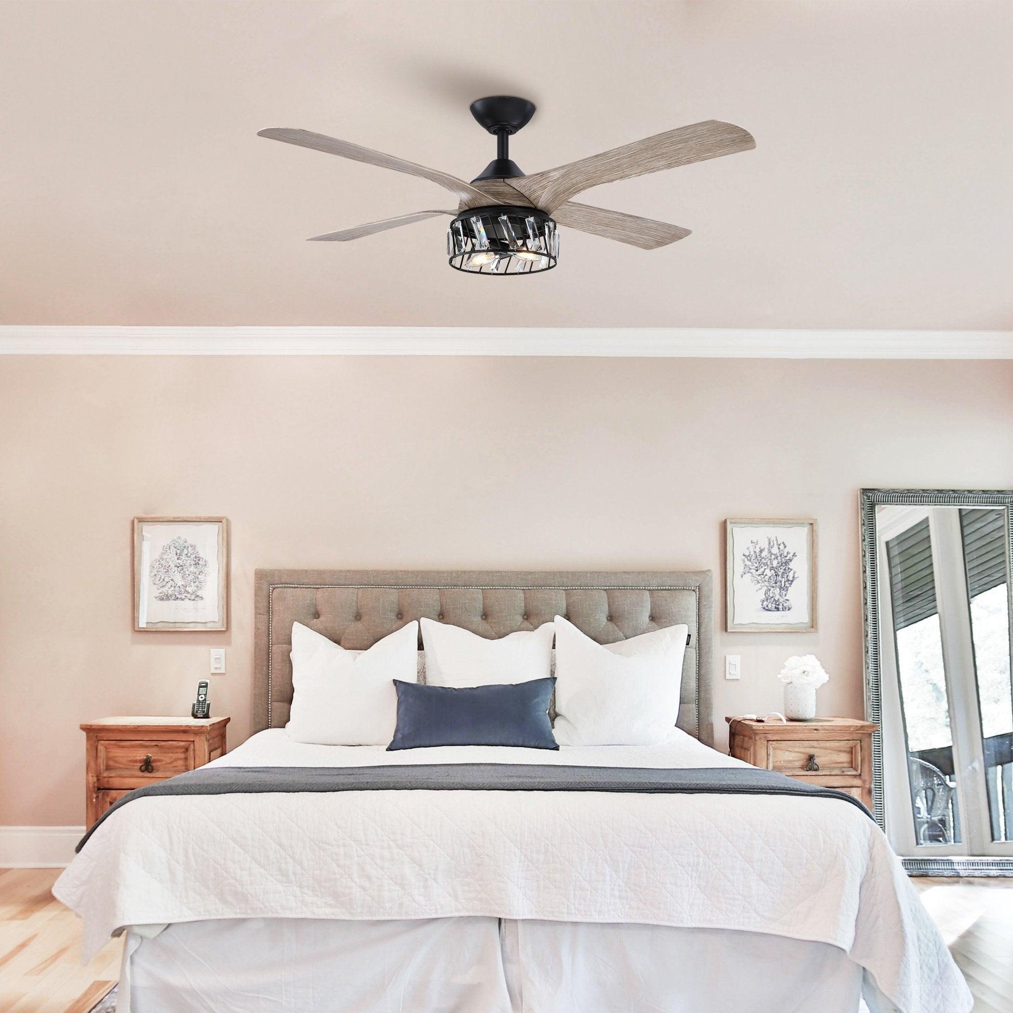 52" Tata Nagar Industrial Downrod Mount Reversible Crystal Ceiling Fan with Lighting and Remote Control - ParrotUncle