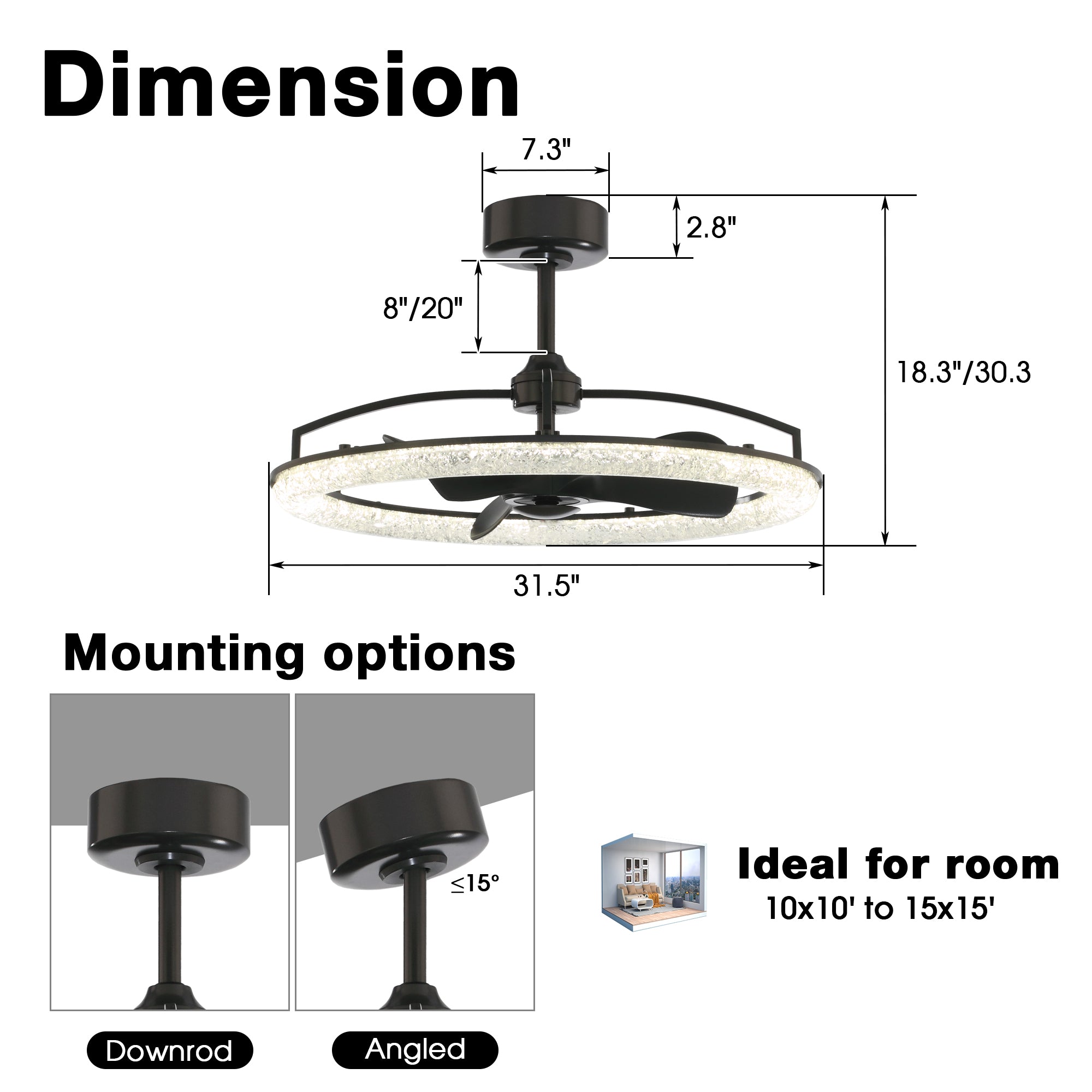 Perimost 32 Inch Black Downrod Mount Luxury Fandelier with Light and Remote Control