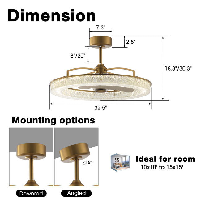 Perimost 32 Inch Electroplated Golden Downrod Mount Luxury Fandelier with Light and Remote Control