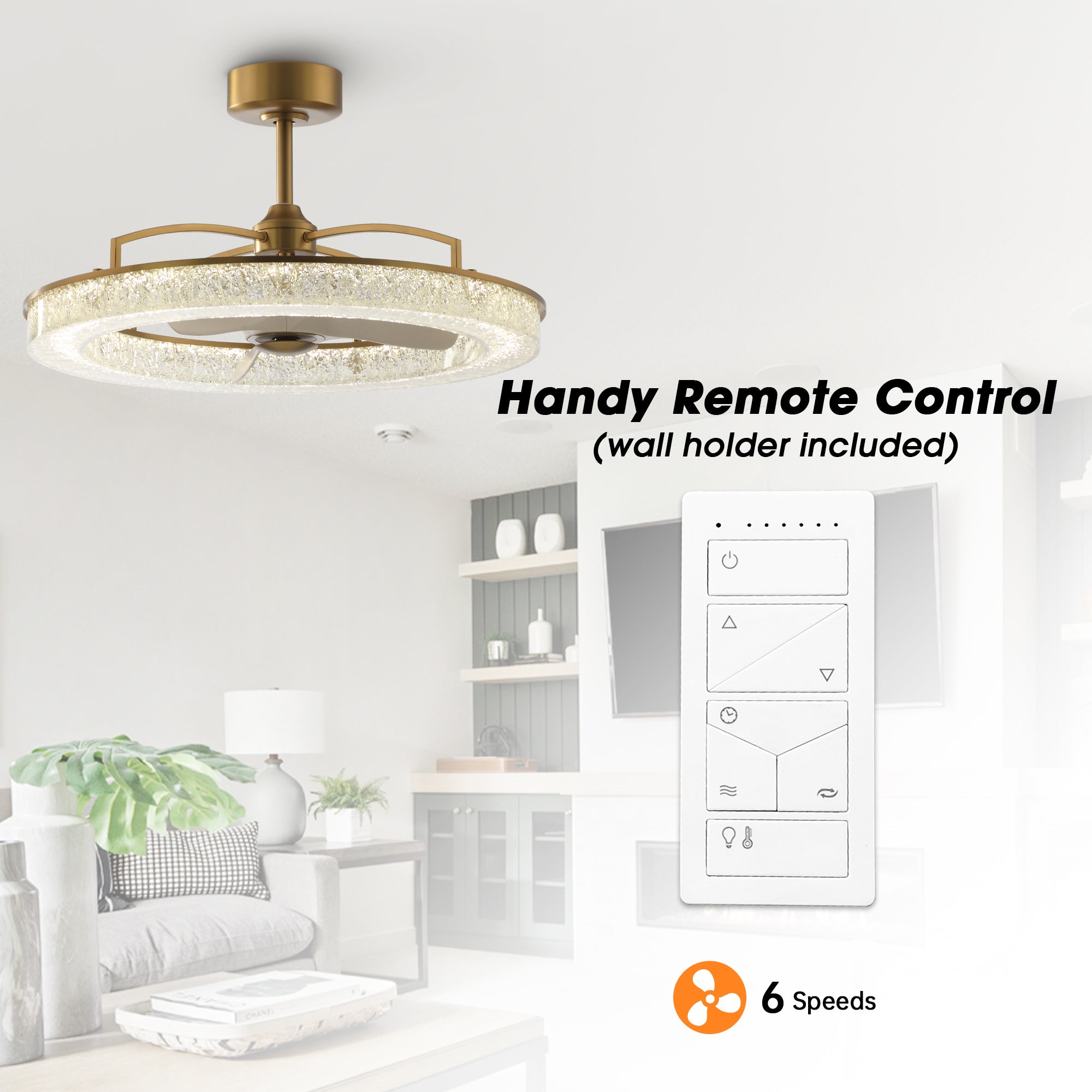 Perimost 32 Inch Electroplated Golden Downrod Mount Luxury Fandelier with Light and Remote Control