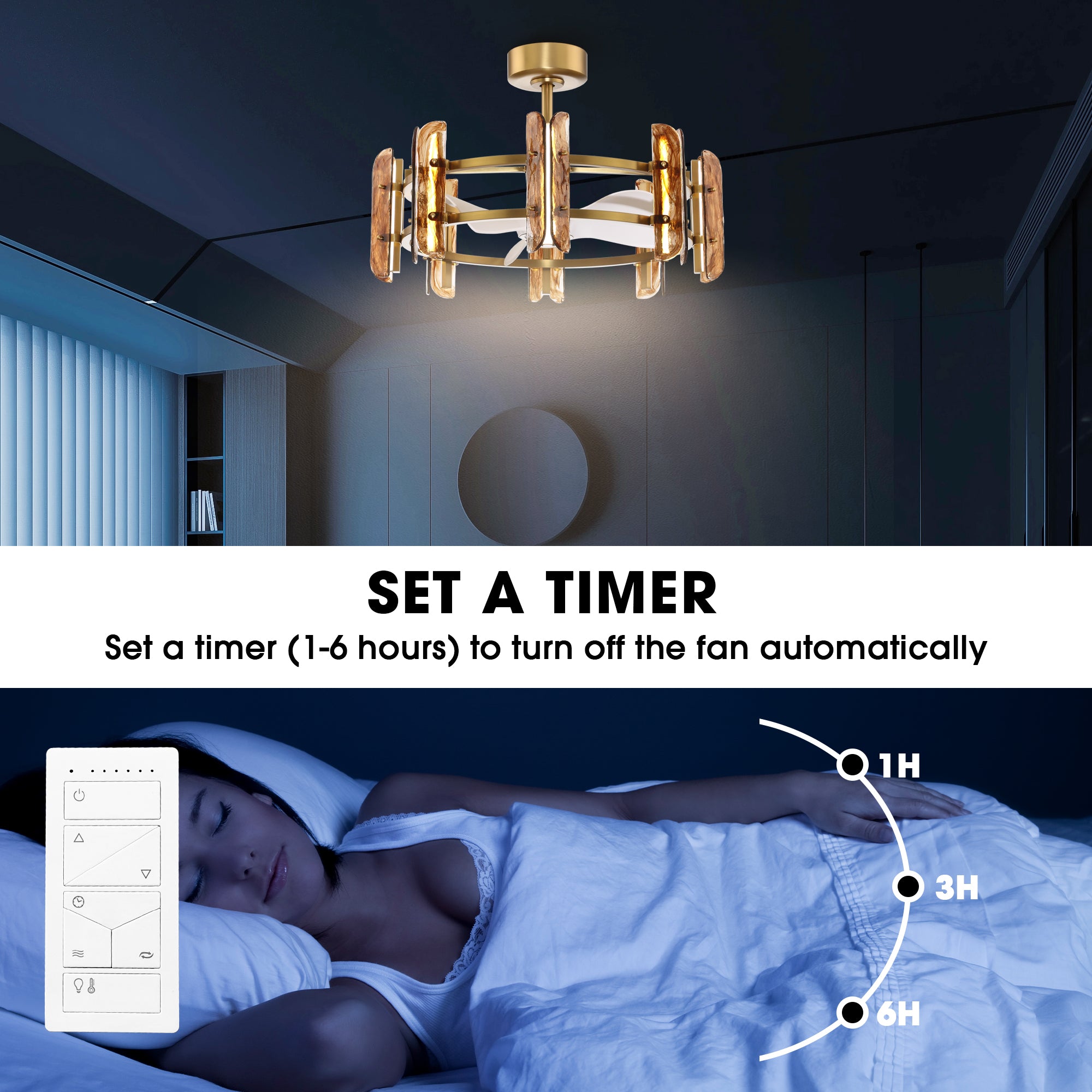 Perimost 32 Inch Electroplated Golden Downrod Mount Luxury Fandelier with Light and Remote Control