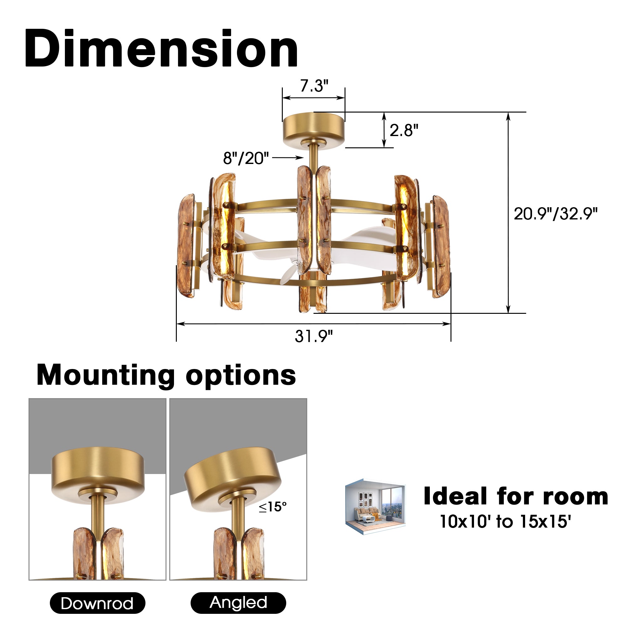 Perimost 32 Inch Electroplated Golden Downrod Mount Luxury Fandelier with Light and Remote Control