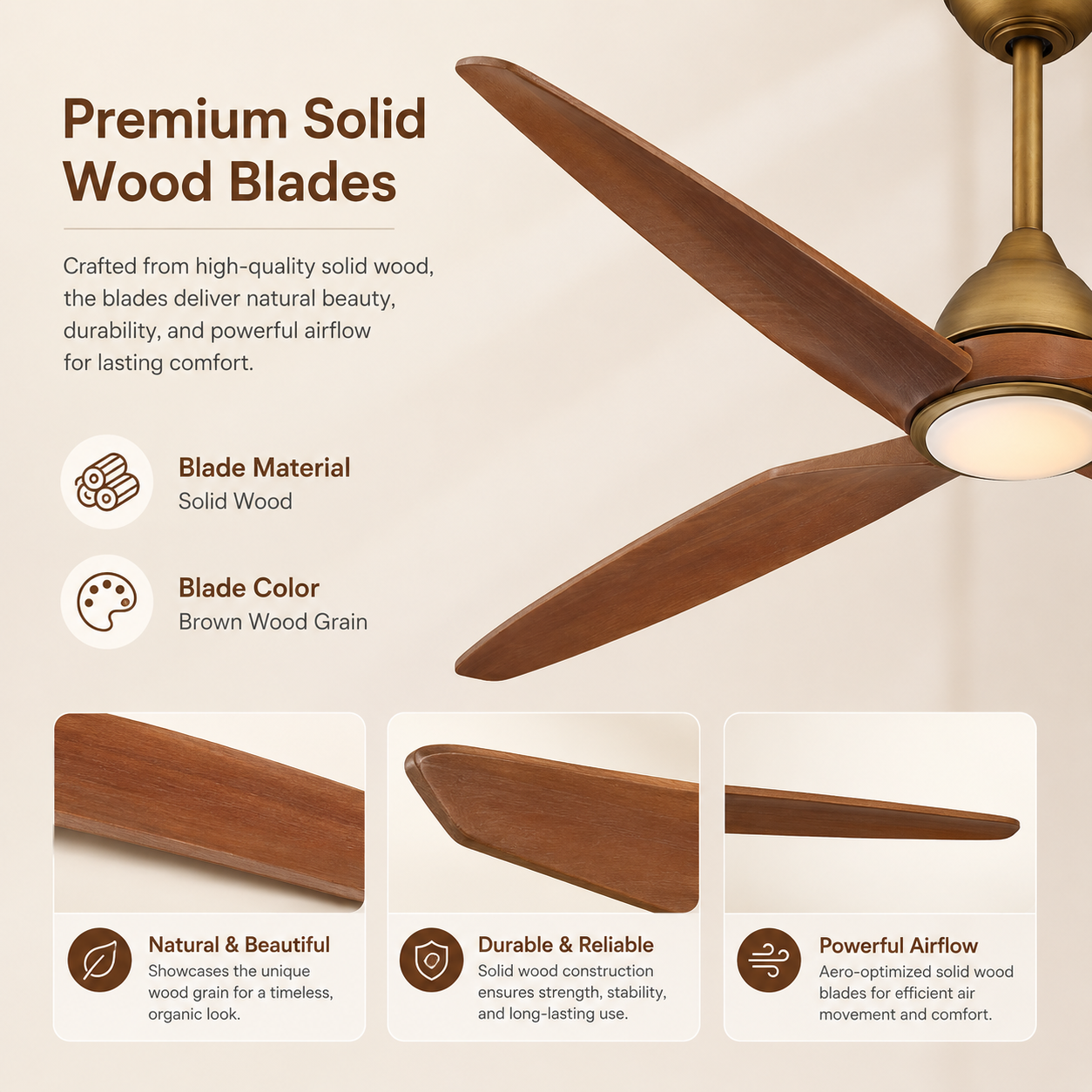 52 Inch Corey Satin Gold LED Ceiling Fan with Solid Wood Blades