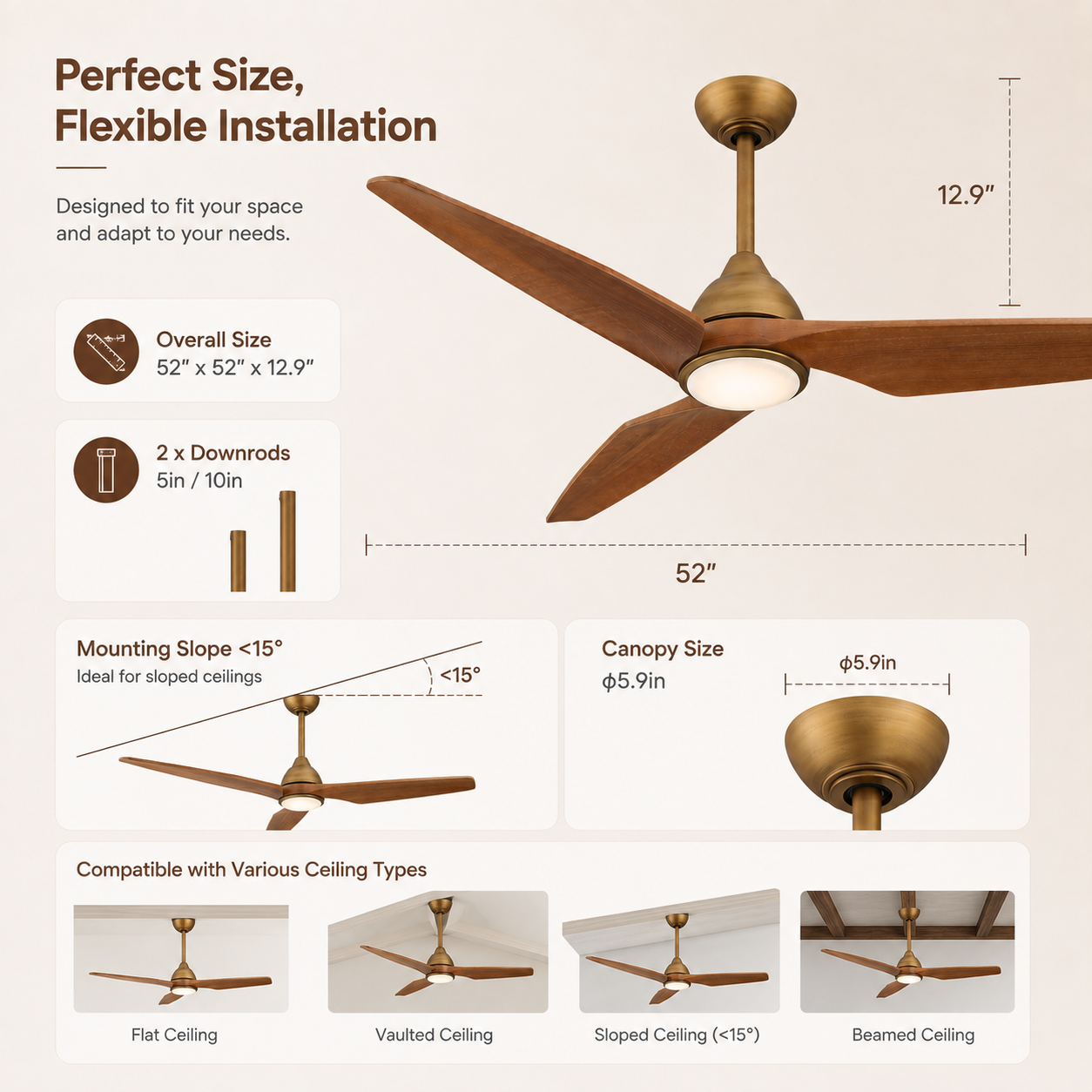52 Inch Corey Satin Gold LED Ceiling Fan with Solid Wood Blades