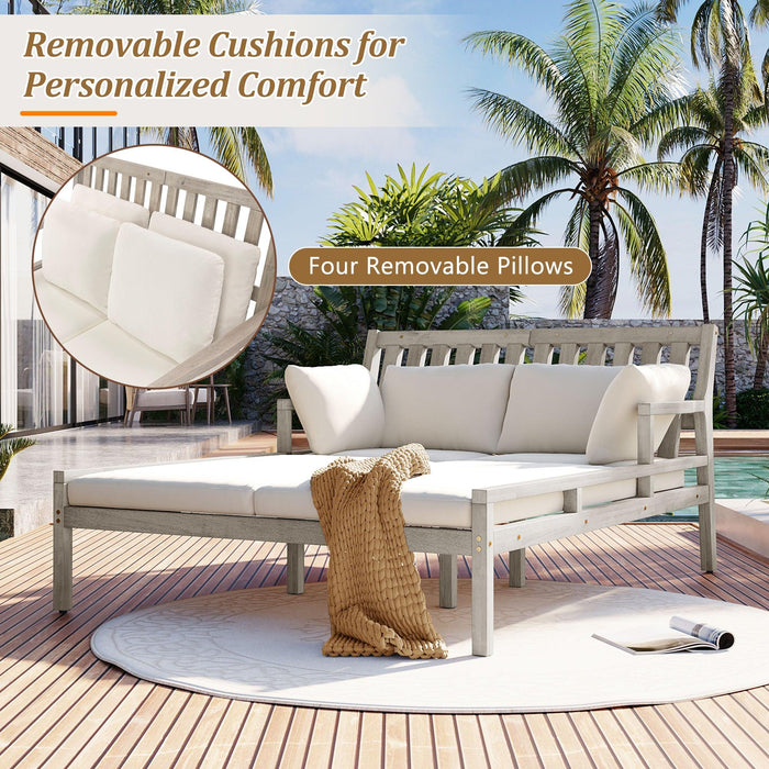 Cama de día para exterior, cama de día para patio con cuatro almohadas, cama de madera para exterior con reposabrazos curvos para piscina, patio y jardín.