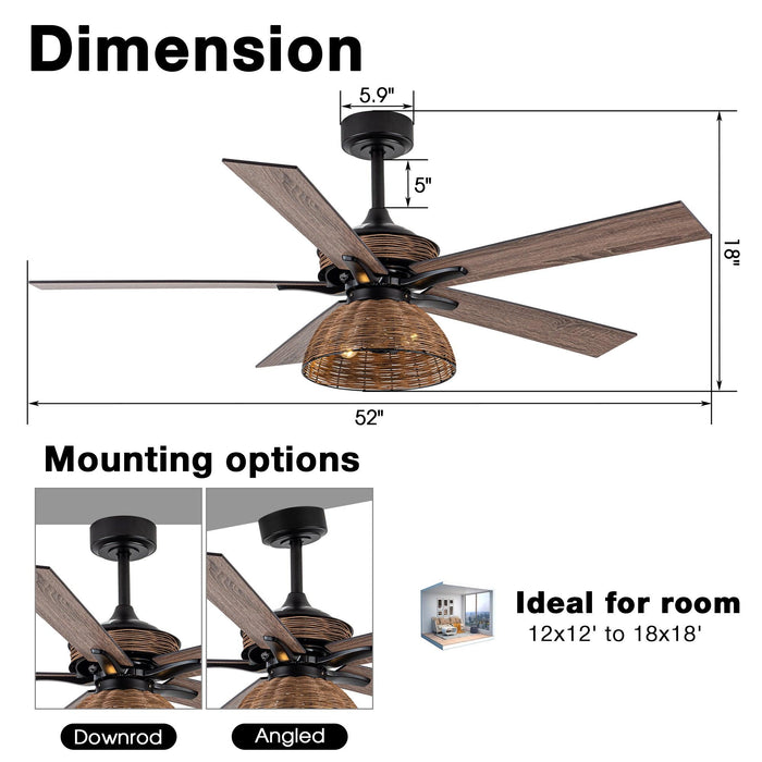 52" Kerala Farmhouse Downrod Mount Reversible Ceiling Fan with Lighting and Remote Control