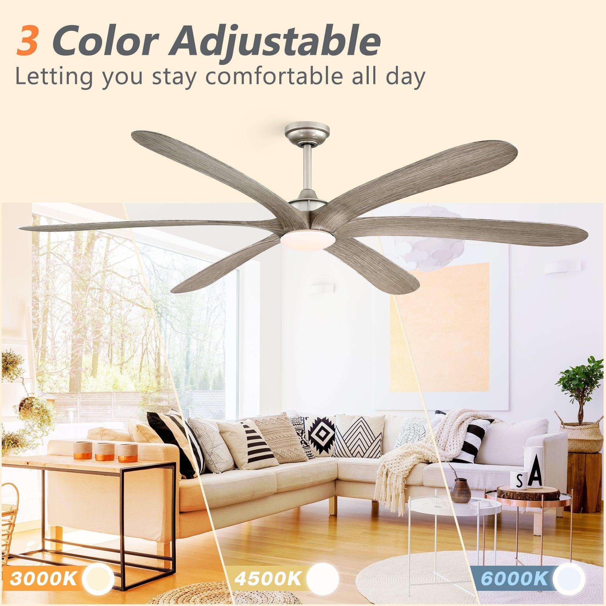 Ventilador de techo reversible Jaydn Farmhouse de 182 cm, con motor de CC, montaje en varilla, iluminación y control remoto.