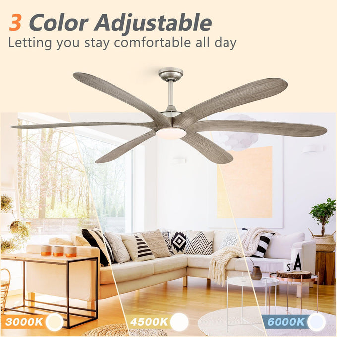 Ventilador de techo reversible Jaydn Farmhouse de 182 cm, con motor de CC, montaje en varilla, iluminación y control remoto.