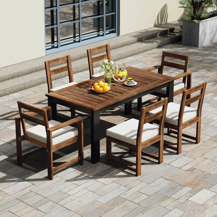 7-Piece Outdoor Patio Table and Chairs Set, Wood Dining Table Set for 6 with Umbrella Hole, 2 Armchairs & 4 Side Chairs for Garden, Backyard, Poolside