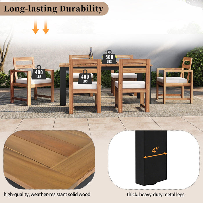 7-Piece Outdoor Patio Table and Chairs Set, Wood Dining Table Set for 6 with Umbrella Hole, 2 Armchairs & 4 Side Chairs for Garden, Backyard, Poolside