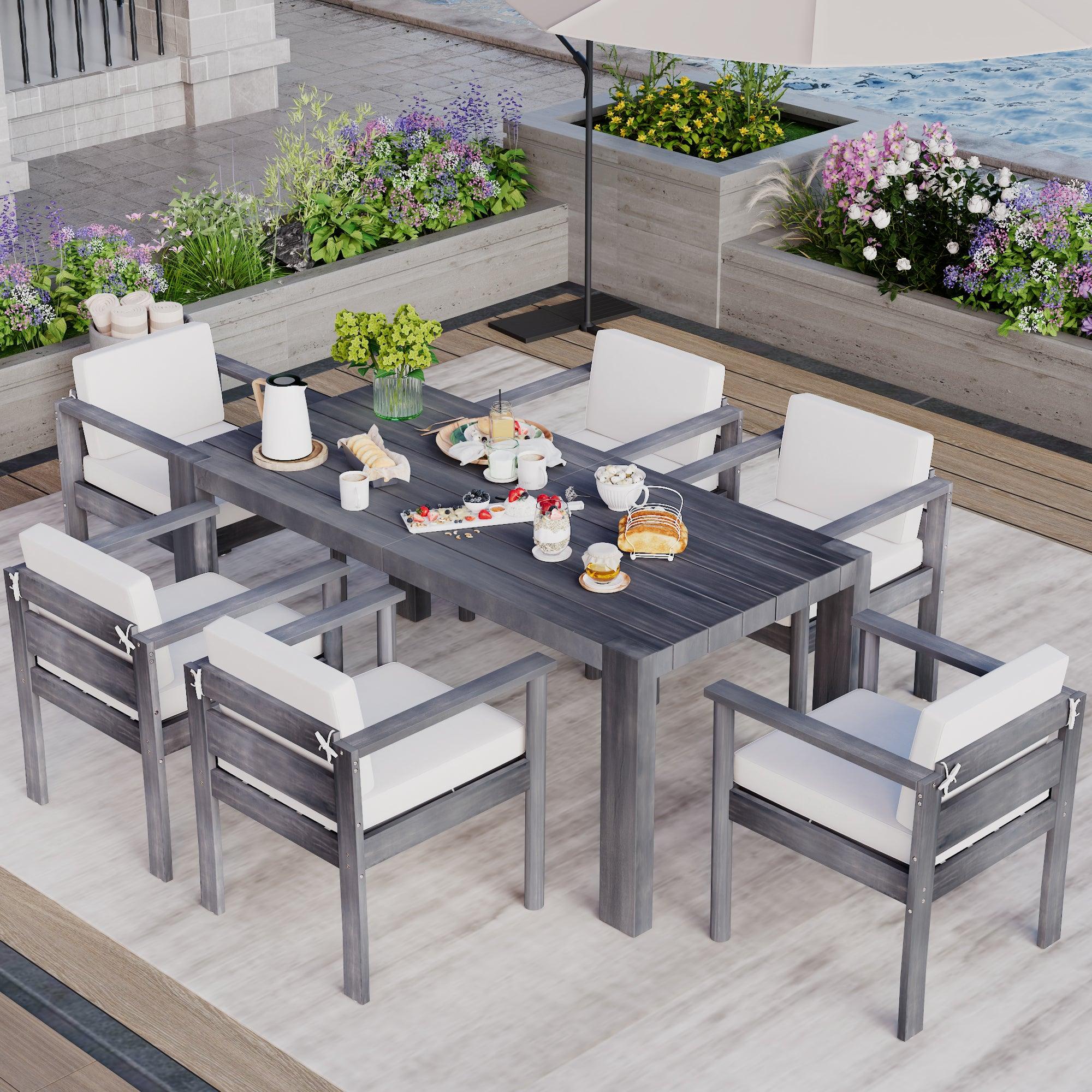 Juego de mesa y sillas de patio para exteriores de 7 piezas para 6 personas, con mesa rectangular de 183 cm y cojines extraíbles para patio, jardín y piscina.