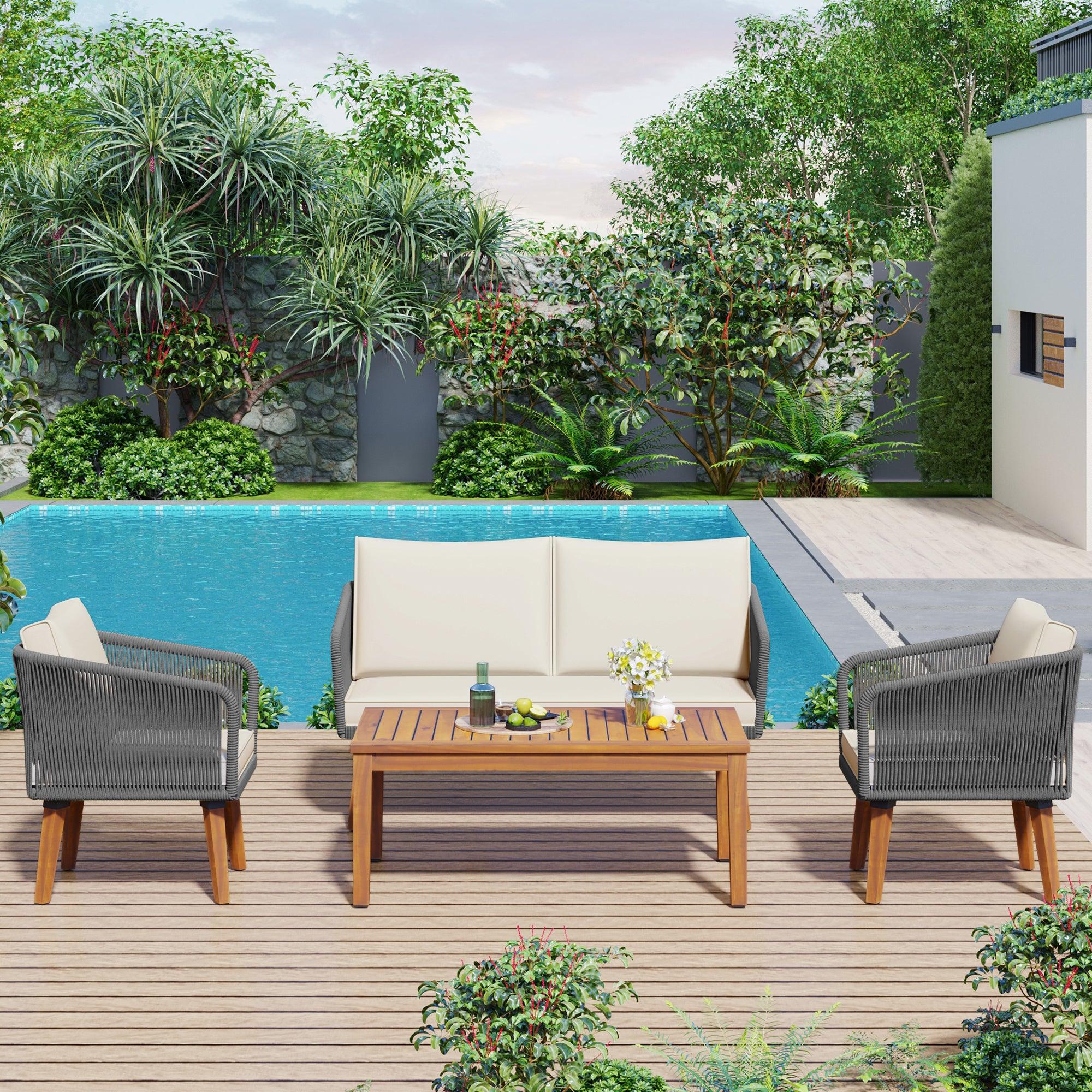 Juego de muebles de exterior de 4 piezas con sofá de dos plazas, conjunto de conversación de cuerda para patio con cojines para patio, piscina y jardín.