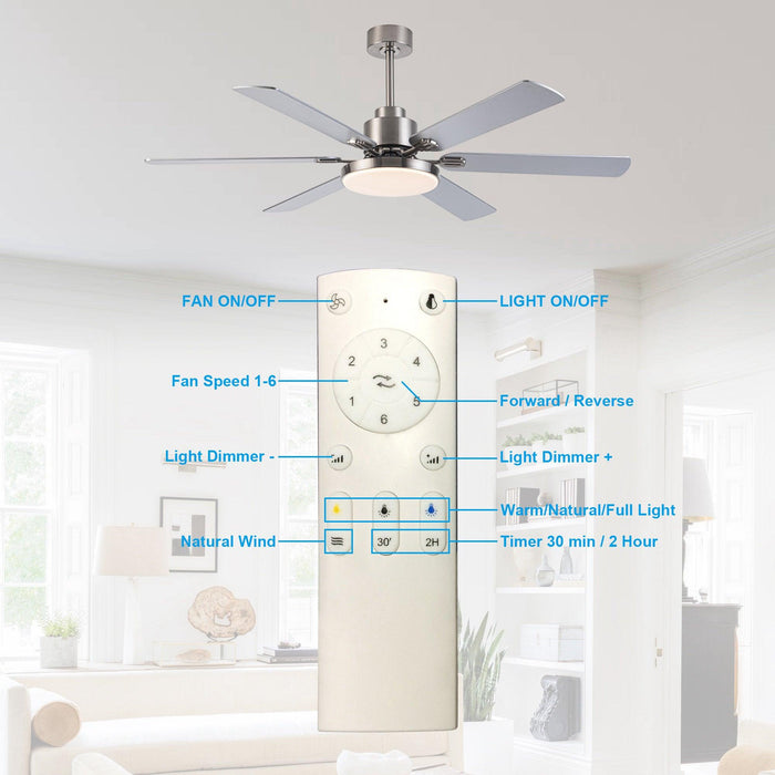 60" Lucknow Modern Satin Nickel DC Motor Downrod Mount Reversible Ceiling Fan with Lighting and Remote Control - ParrotUncle