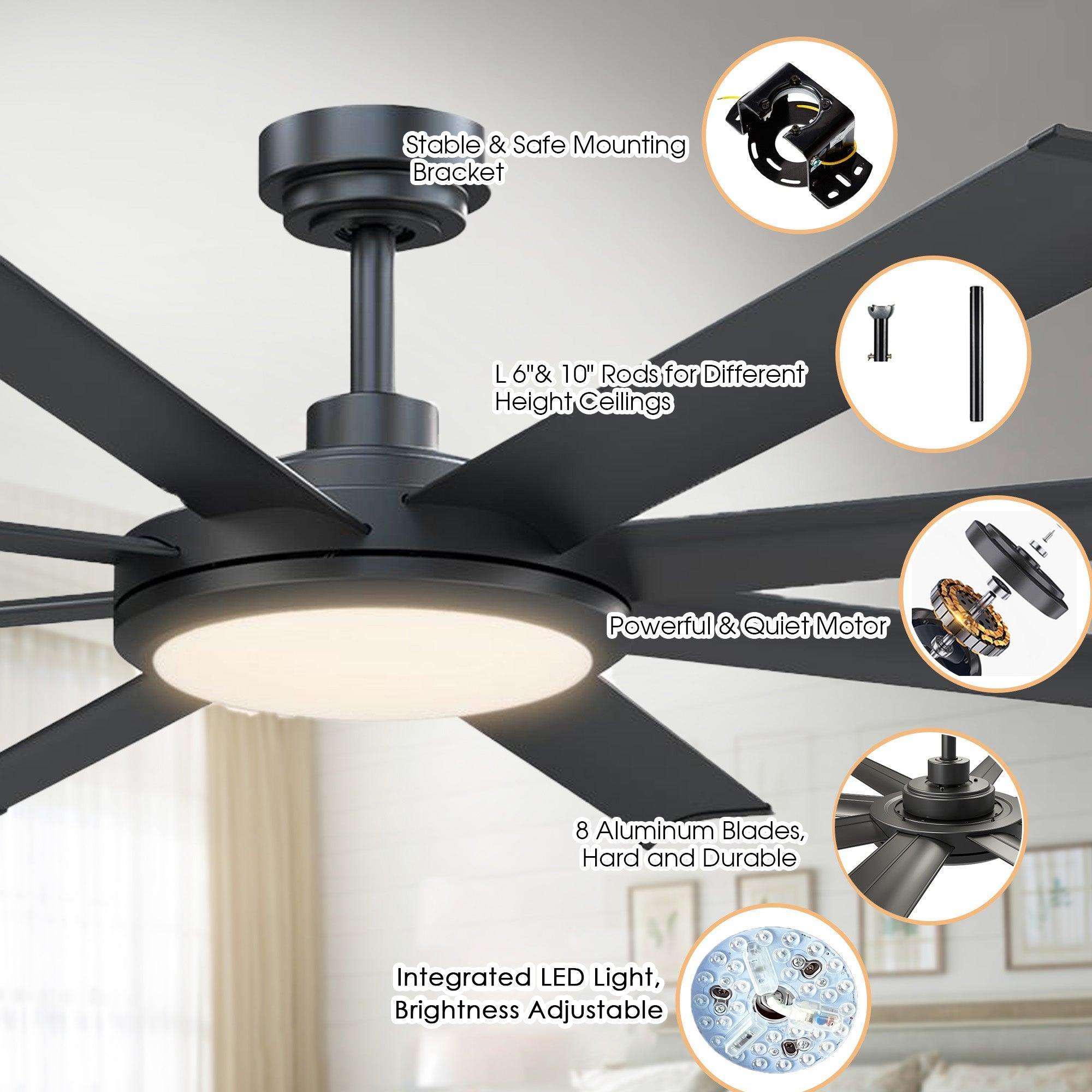 60" Modern DC Motor Downrod Mount Ceiling Fan with Lighting and Remote Control - ParrotUncle