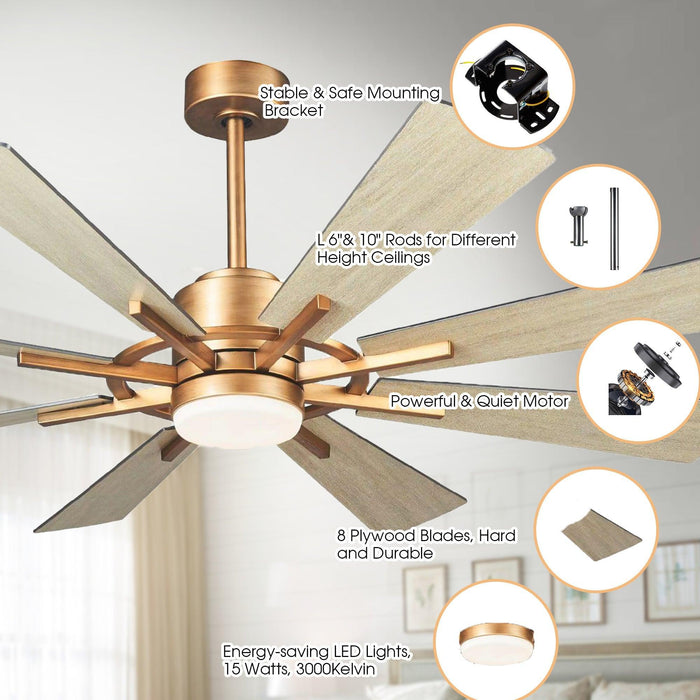 60" Oretha Windmill Modern DC Motor Downrod Mount Reversible Ceiling Fan with Lighting and Remote Control - ParrotUncle