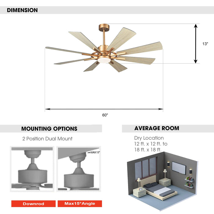 60" Oretha Windmill Modern DC Motor Downrod Mount Reversible Ceiling Fan with Lighting and Remote Control - ParrotUncle