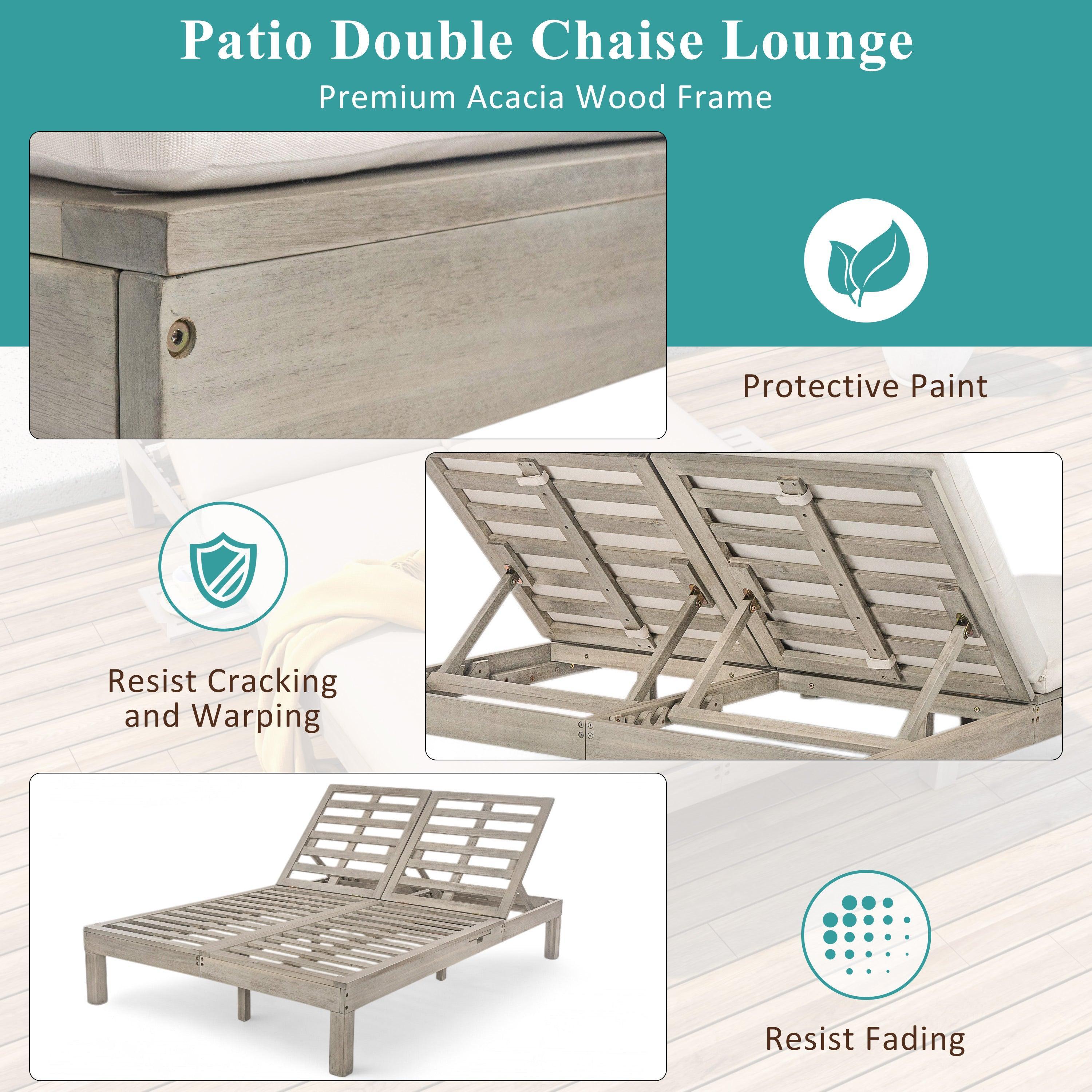 Chaise longue de exterior con respaldo ajustable en 5 posiciones, cojín y bandejas laterales plegables para 2 personas, ideal para jardín junto a la piscina.