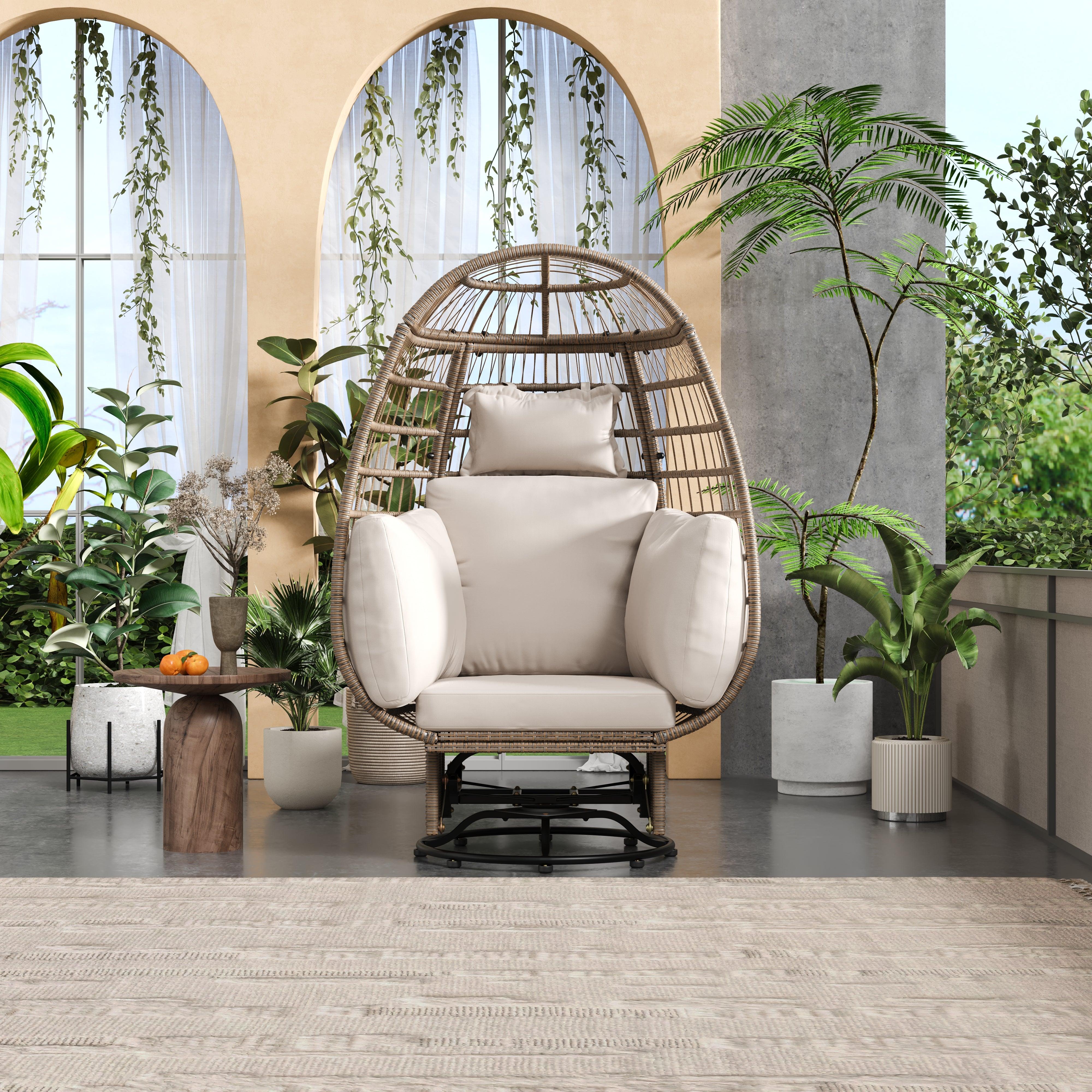 Silla giratoria de exterior con cojines, silla de ratán con forma de huevo y función de balanceo para balcón, piscina y jardín.