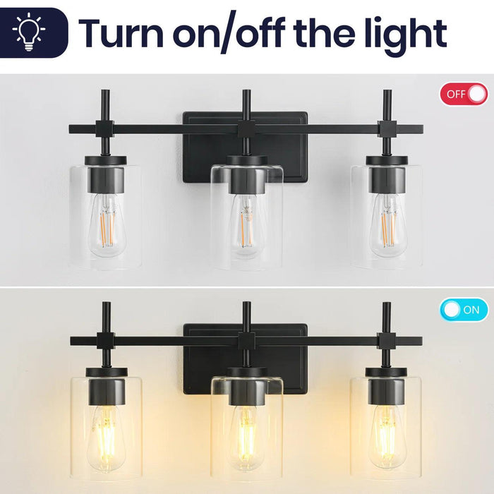 Lámpara de tocador de baño moderna Jasper de 3 luces de vidrio transparente, negra y níquel