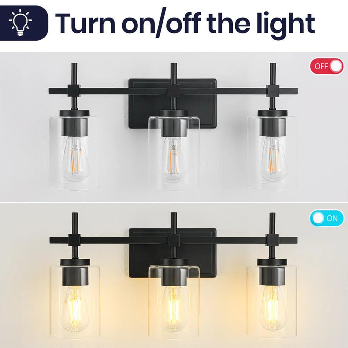 Jasper 3-Light Modern Clear Glass Bathroom Vanity Light, Black & Nickel