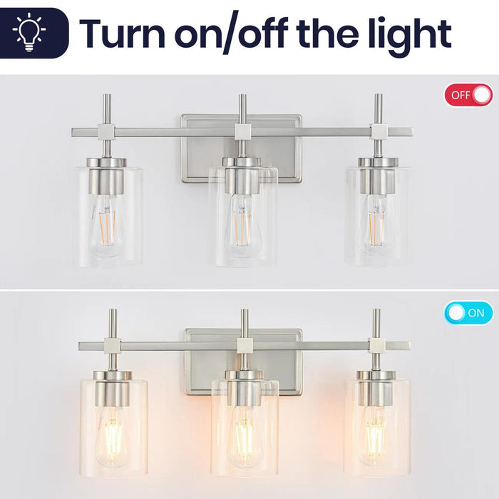Lámpara de tocador de baño moderna Jasper de 3 luces de vidrio transparente, negra y níquel