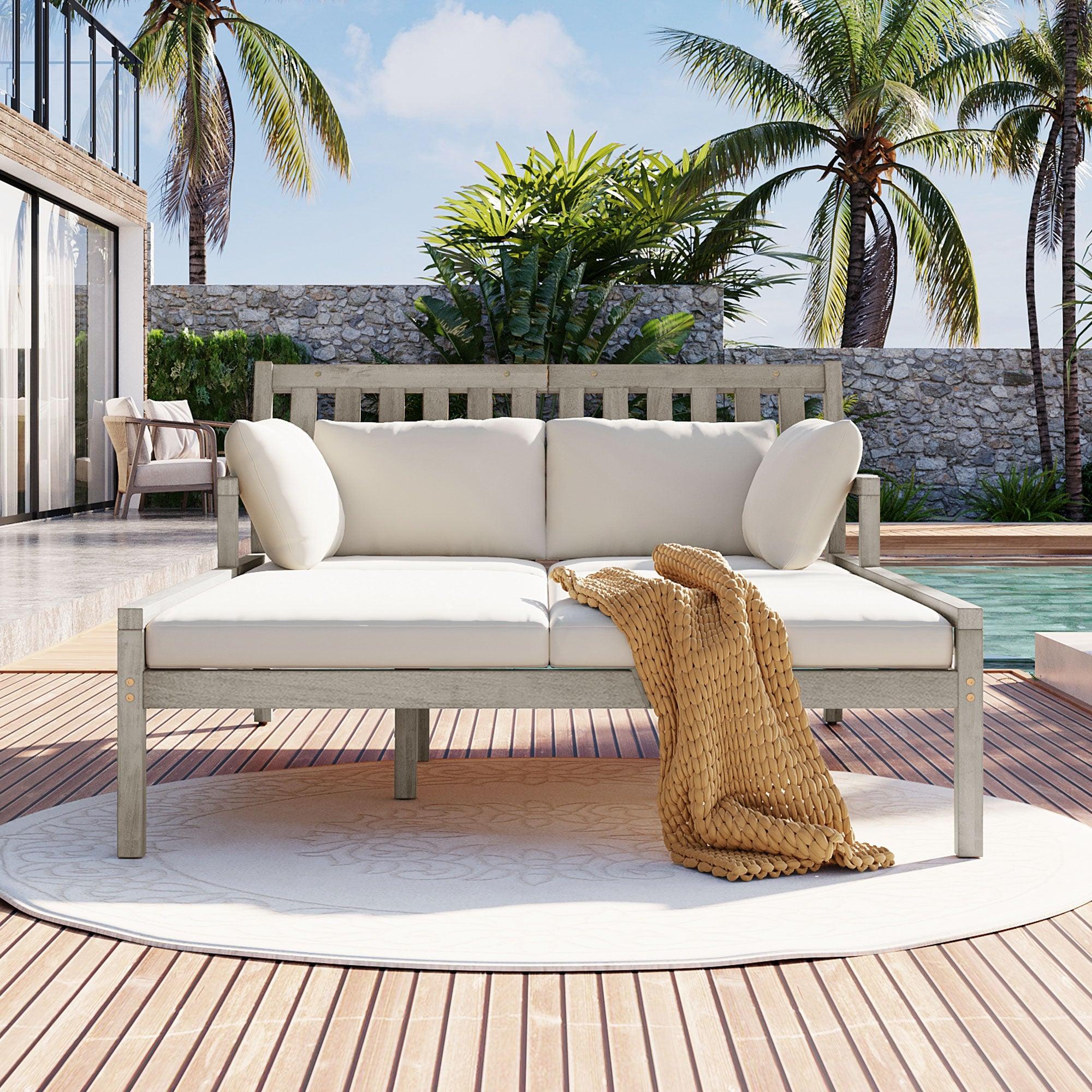 Cama de día para exterior, cama de día para patio con cuatro almohadas, cama de madera para exterior con reposabrazos curvos para piscina, patio y jardín.