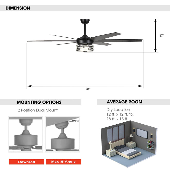 70" Modern DC Motor Downrod Mount Reversible Ceiling Fan with Lighting and Remote Control - ParrotUncle