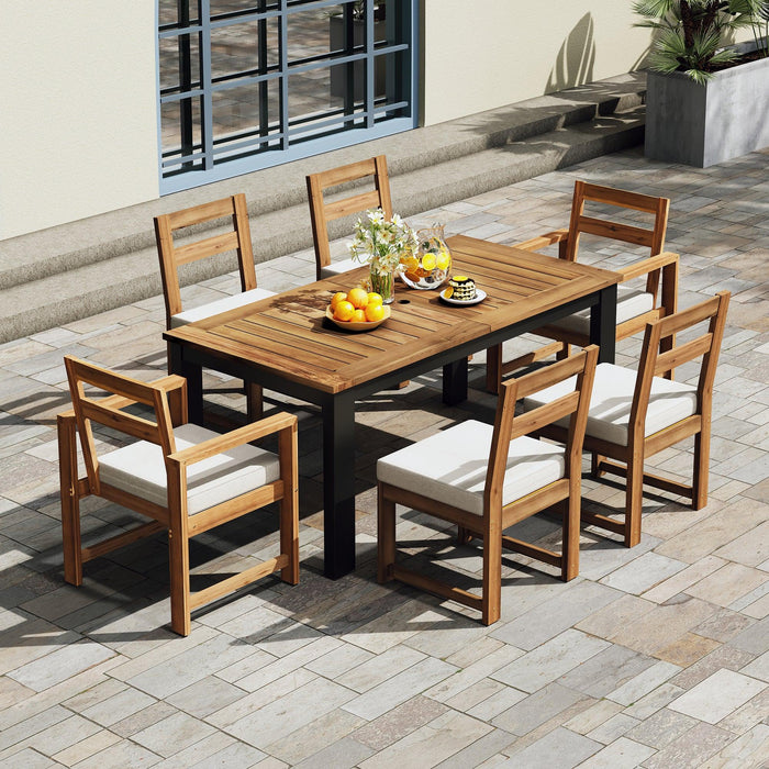 7-Piece Outdoor Patio Table and Chairs Set, Wood Dining Table Set for 6 with Umbrella Hole, 2 Armchairs & 4 Side Chairs for Garden, Backyard, Poolside